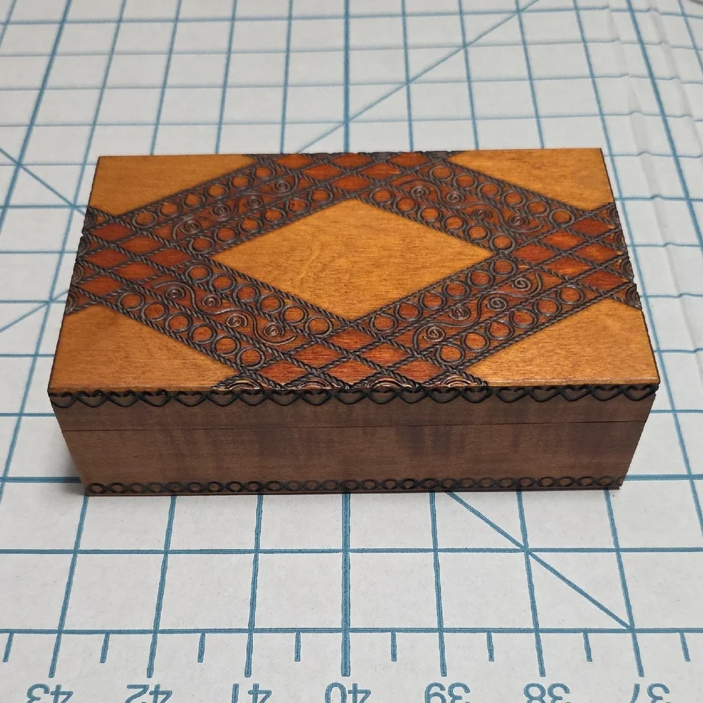 Polish Folk Art Box: Handmade Hinged Wooden Box #1, Etched Designs, Vintage